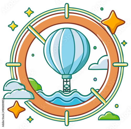 Hot air balloon over water with stars and clouds floating in circular frame