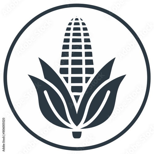 Clean minimalist graphic of an ear of corn maize with husks inside a circle symbol