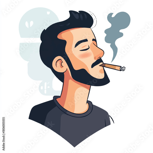 Man with beard smoking cigarette enjoying the moment with closed eyes