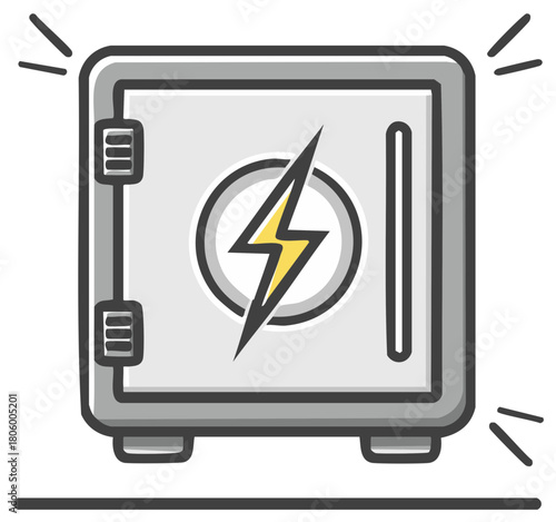 Strong gray safe box with yellow lightning bolt symbol secure power energy storage concept illustration