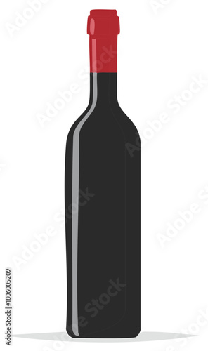 A tall black wine bottle with a red cap and a subtle grey reflection in a studio setting