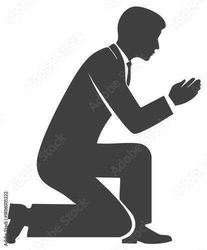 Silhouette of kneeling businessman with outstretched hands begging for forgiveness or seeking help or presenting