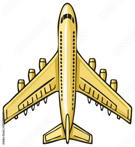 Golden Passenger Airplane Overhead View Illustration, Commercial Jet Aircraft, Transportation Concept, Isolated Airline Design