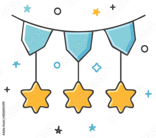 Festive Party Garland with Blue Pennants and Golden Stars Celebration Decoration Icon