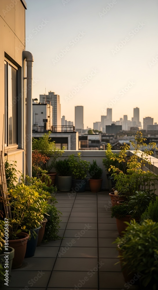Fototapeta premium Potted plants on a tiled balcony overlook a distant city skyline at sunset