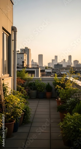 Potted plants on a tiled balcony overlook a distant city skyline at sunset