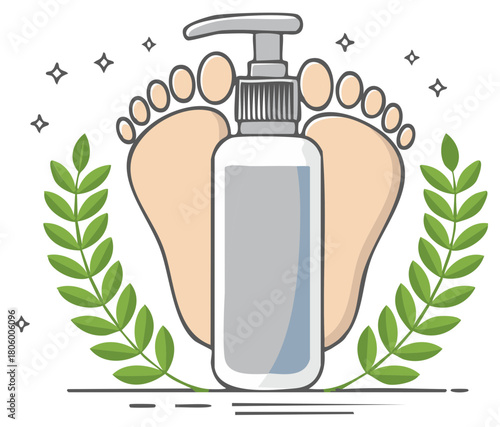 Foot care lotion bottle surrounded by leaves and foot prints symbolizes health and natural healing