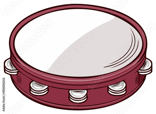 Illustrated red tambourine musical instrument percussion with jingles and drum skin.