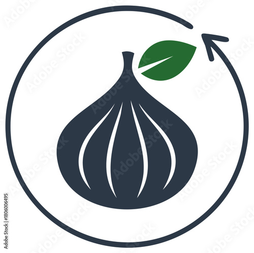Stylized dark fig icon with a green leaf and circular arrow symbol of sustainability