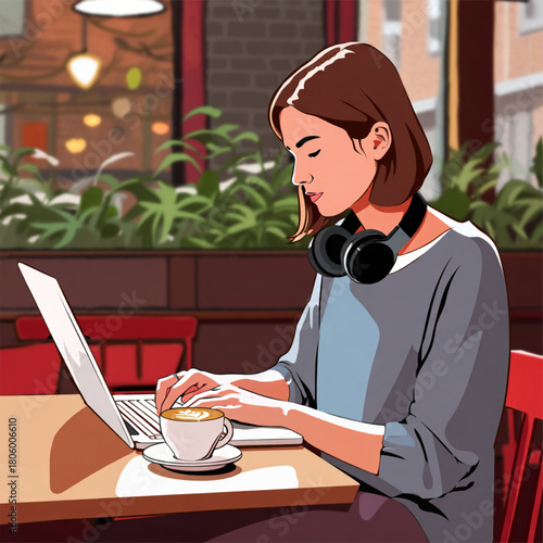 Young woman working on laptop at a cafe with coffee