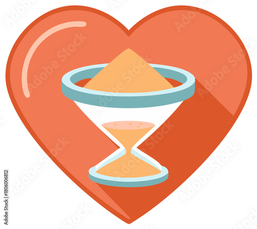 Hourglass sand timer in a red heart symbolizing love, life, and the passage of time