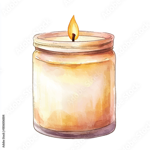 Hand drawn watercolor illustration of a burning candle in a glass jar.