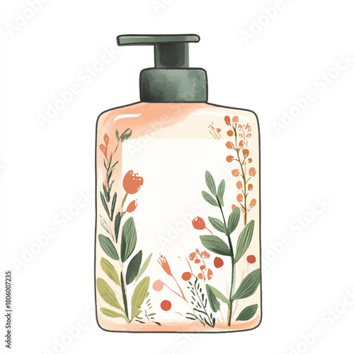 Hand painted floral soap dispenser with pump top.