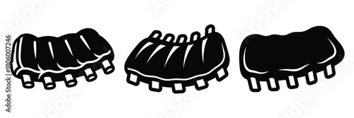 bbq rib minimal food icon set, black color and white background