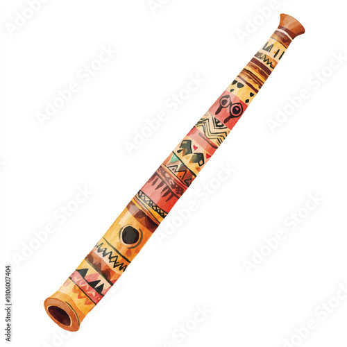 Handcrafted wooden flute with ethnic patterns.