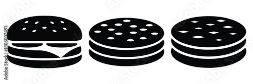 burger patty minimal food icon set, black color and white background