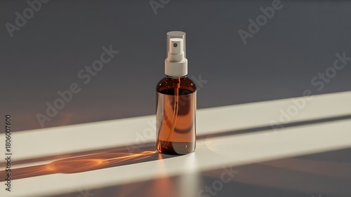 Amber glass spray bottle with natural serum and sunlight casting shadows