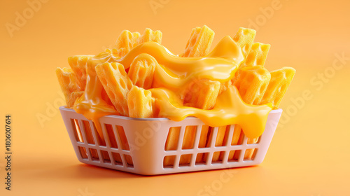 Cheese fries melted cheese waffle fries snack fast food comfort food crispy salty savory indulgent pour creamy sauce yellow orange basket plastic
