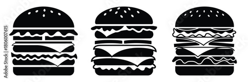 cheeseburger stack minimal food icon set, black color and white background