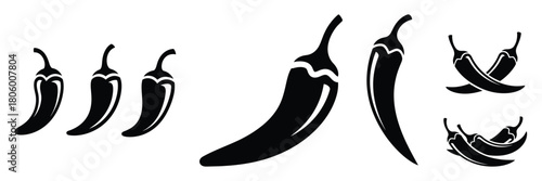 chili pepper minimal food icon set, black color and white background