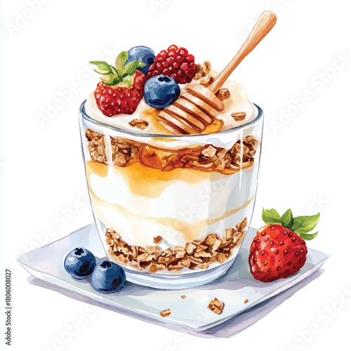 Healthy breakfast yogurt parfait with fresh berries and honey.