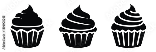 cupcake frost minimal food icon set, black color and white background