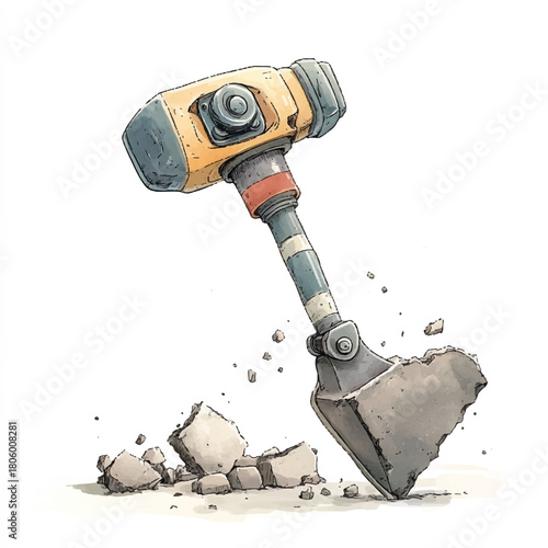 Heavy duty construction hammer breaking concrete with force.