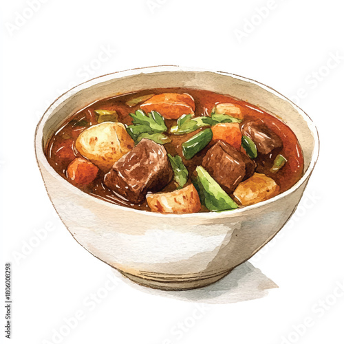 Hearty Beef Stew in a White Bowl.