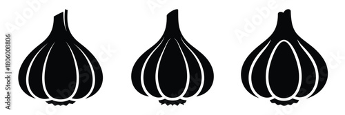 garlic clove minimal food icon set, black color and white background