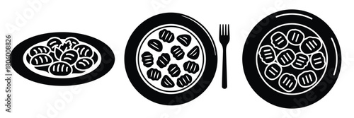 gnocchi plate minimal food icon set, black color and white background