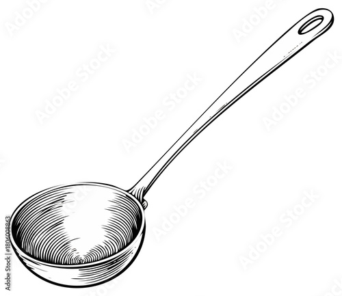 Vintage style illustration of a soup ladle kitchen utensil in a black and white engraving drawing style