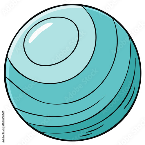 Cartoon illustration of a light blue exercise ball with black lines and gloss