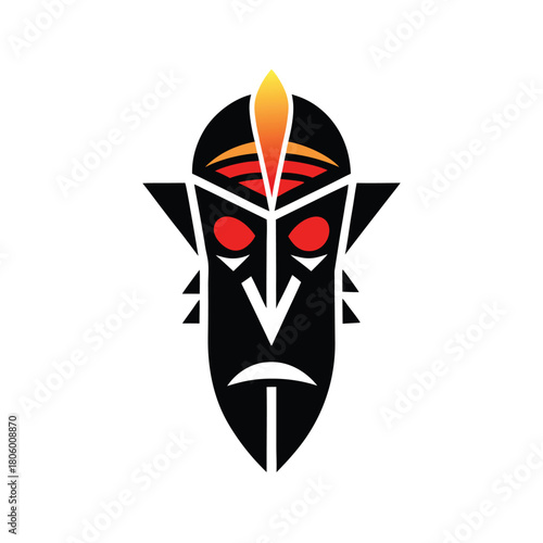 Stylized Tribal Mask Icon with Red Eyes and Orange Crest on White Keywords: tribal, mask, icon, african, art, culture, design, symbol, face