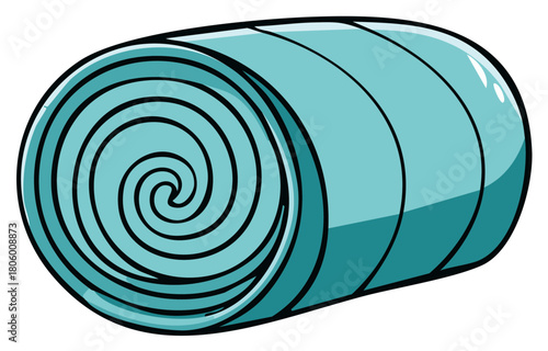 Illustration of a rolled up light blue yoga mat on white background for exercising