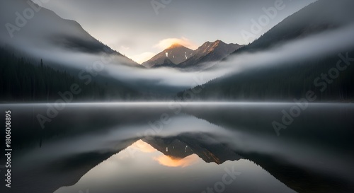 Misty mountains reflected on a still lake at sunrise with golden light illuminating peaks