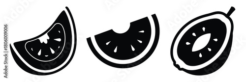 guava slice minimal food icon set, black color and white background
