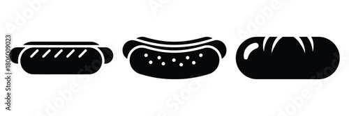 hotdog bun minimal food icon set, black color and white background