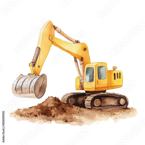 Illustration of a Yellow Excavator Digging into a Pile of Dirt.