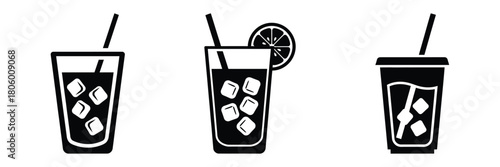 iced tea cup minimal food icon set, black color and white background