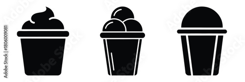 ice cream cup minimal food icon set, black color and white background