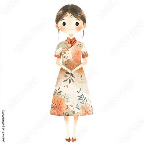 Illustration of a young woman in a floral cheongsam dress.