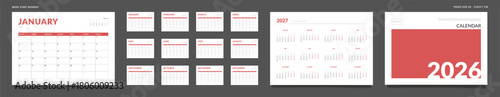 2026 Calendar Planner Set of Template Monthly Page, Cover with Place for Photo, Company Logo, Annual 2027. Vector layout of wall or desk Calendar for print. Week start Monday. 2 Weekend red. Pages A4