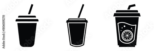 lemonade cup minimal food icon set, black color and white background