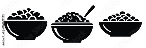 lentil bowl minimal food icon set, black color and white background