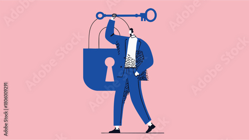 Modern illustration of a business professional with key – metaphor for unlocking success, career opportunity, or security