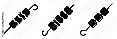 meat skewer minimal food icon set, black color and white background