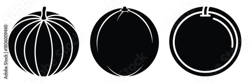 melon round minimal food icon set, black color and white background