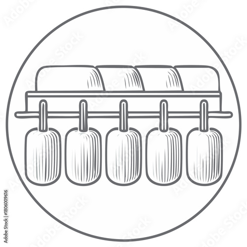 Rustic farm store display with bales on shelf and five hanging fabric sacks