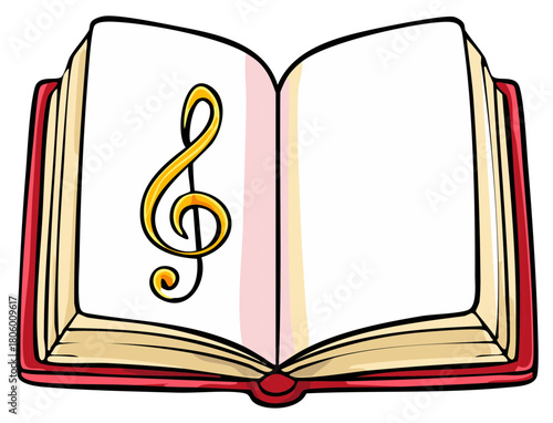 Illustration of an open red music book with a golden treble clef and blank page