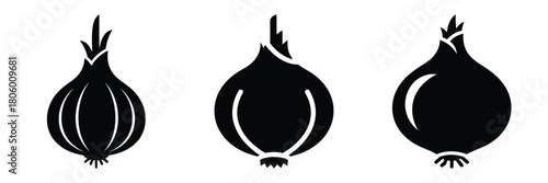 onion bulb minimal food icon set, black color and white background